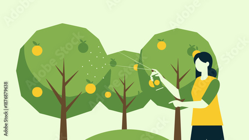 Female Agriculturalist Spraying Orchard Trees Illustration For Pest Prevention Concept
