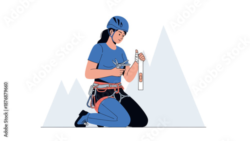 Female Climber Applies Bandage After Injury During Mountain Adventure