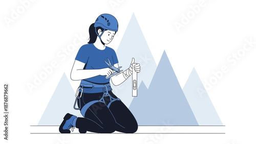 Female Climber Provides First Aid At Mountain Illustration In Modern Style
