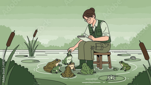 Female Biologist Examining Frogs in Pond Surrounded by Lily Pads and Cattails