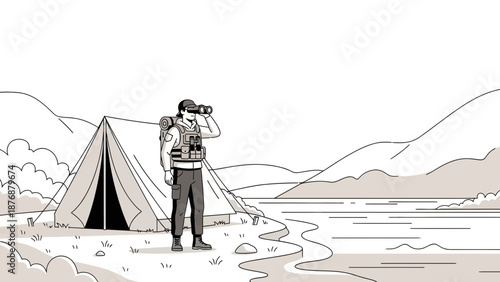Exploring Nature Man With Binoculars Standing Near Tent in Scenic Landscape