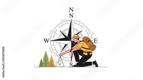 Exploring Nature With Compass And Tourist Drawing Landscape On Paper Map