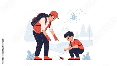 Exploring Nature Father Teaches Son About Insect Life In The Outdoors