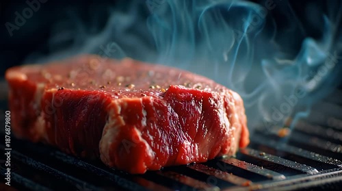 Grilling Beef Steak Meat on Hot Pan with Smoke Video.