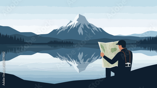 Exploring The Wilderness Young Man With Mountain Lake Landscape And Map