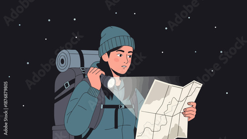 Female Hiker Navigating At Night Using Flashlight And Map During A Wilderness Adventure