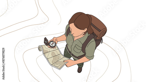 Female Hiker Navigating Wilderness With Compass And Map During Hiking Expedition