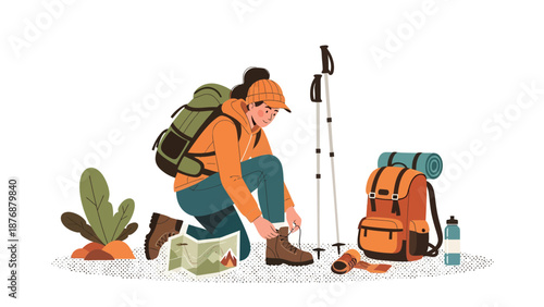 Female Hiker Preparing Equipment For An Adventure In Nature With Hiking Gear