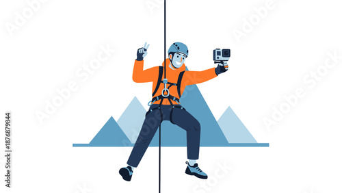 Extreme Athlete Documenting Mountain Descent With Action Camera Making Victory Symbol