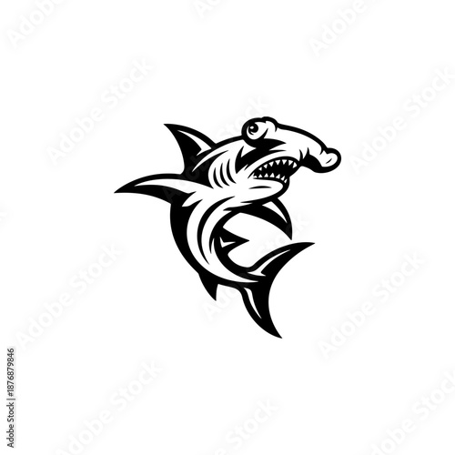 A stylized black hammerhead shark logo with sharp fins, curved body, and fierce teeth is centered on a white background in dynamic tribal tattoo style.