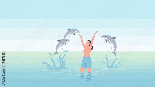 Exuberant Interaction In Aquatic Wonder Woman With Leaping Dolphins Delightful Moment