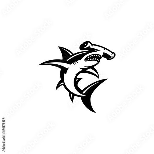 A stylized black hammerhead shark logo with sharp fins, curved body, and fierce teeth is centered on a white background in dynamic tribal tattoo style.