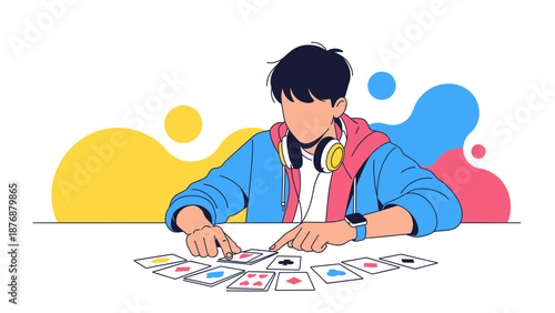 Faceless Character Playing Cards With Headphones And Colorful Decorative Shapes