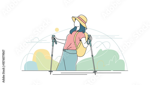 Female Hiker Using Trekking Poles During A Mountain Adventure Illustration