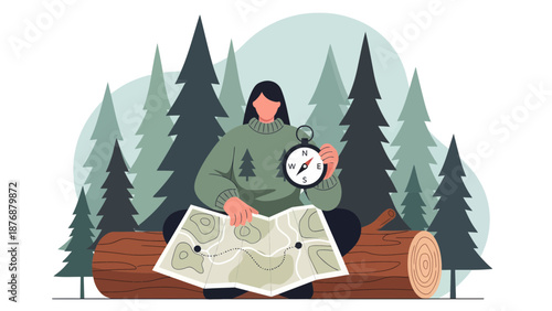 Female Navigator Checking Map And Compass For Direction In Dense Forest