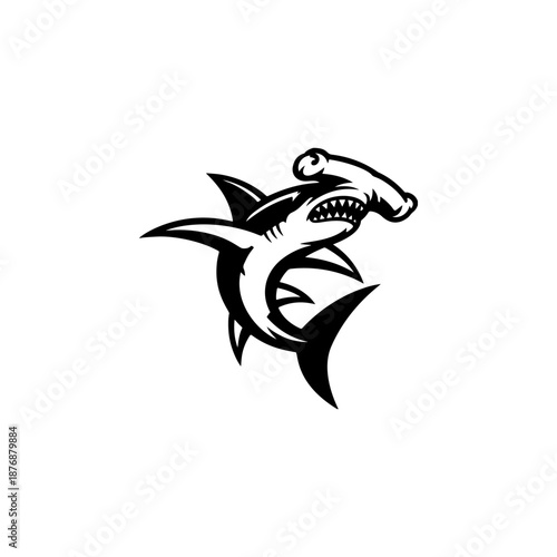 A stylized black hammerhead shark logo with sharp fins, curved body, and fierce teeth is centered on a white background in dynamic tribal tattoo style.
