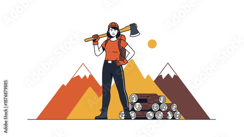 Female Logger With Axe Against Mountain Backdrop Stands With Pile Of Wood