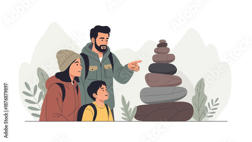 Family Admiring Rock Balancing During A Hike In The Mountains Together