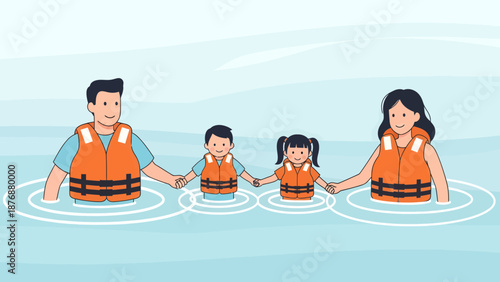 Family Enjoys Swimming Together Wearing Life Vests In Calm Water On Vacation