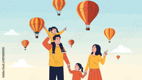 Family Enjoying Hot Air Balloons Ride Together In A Beautiful Sunny Day