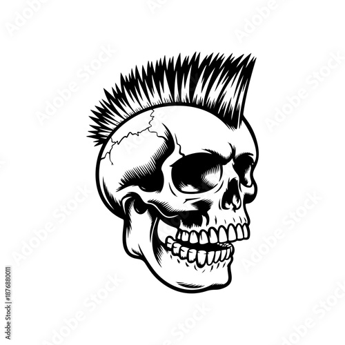 A detailed punk skull with spiked mohawk hair, cracked cranium, and clenched teeth is drawn in bold black and white tattoo style on a clean white background.