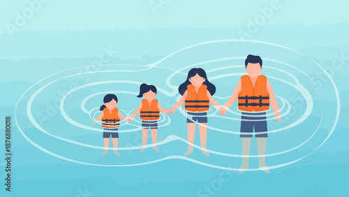 Family Fun Time In The Water Wearing Safety Lifejackets Under A Bright Blue Sky