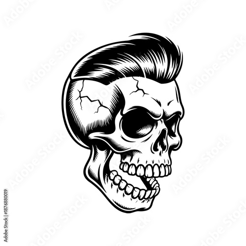 A detailed black and white hipster skull with slick pompadour hair, cracked bone texture, and wide grin is centered on a clean white background in tattoo style.