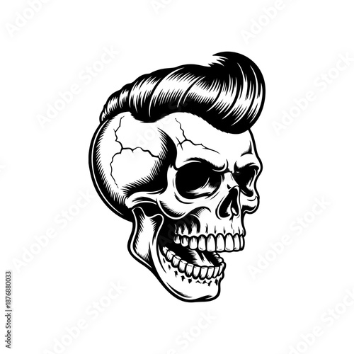 A detailed black and white hipster skull with slick pompadour hair, cracked bone texture, and wide grin is centered on a clean white background in tattoo style.