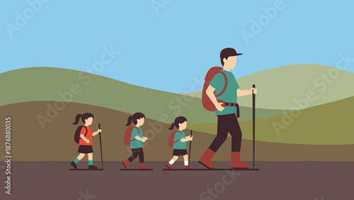 Family Hiking Together Enjoying Nature On A Sunny Day Adventure Trip