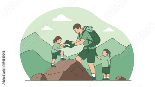 Family Hiking Adventure Dad Helps Daughter Climb Outdoor Exploration Together