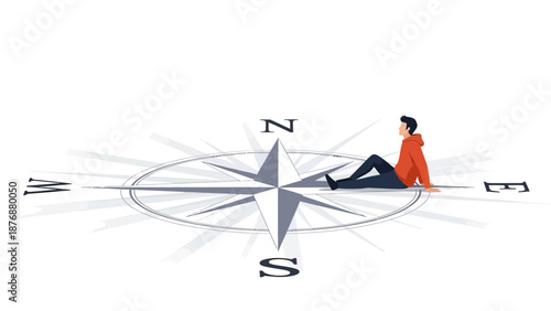Find Your Direction: Man Contemplating Future on Compass Rose Illustration