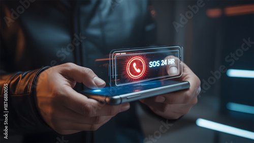 Hand Holding Smartphone with 24/7 SOS Emergency Call Hologram UI