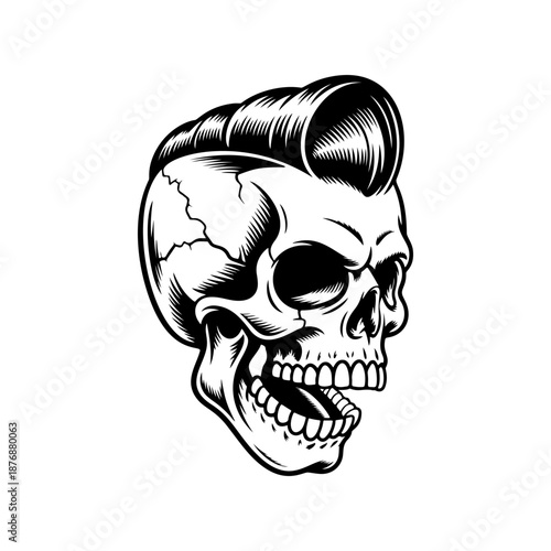 A detailed black and white hipster skull with slick pompadour hair, cracked bone texture, and wide grin is centered on a clean white background in tattoo style.