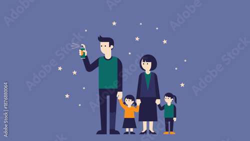 Family Protecting Against Starry Night Mosquitoes With Insecticide Spray Illustration