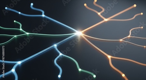 Decision intelligence concept with abstract branching paths lit by varied intensities, symbolizing scenario analysis, choice evaluation, and strategic clarity.