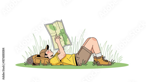 Finding Adventure Young Man Lies in The Grass Reading Map Outdoors