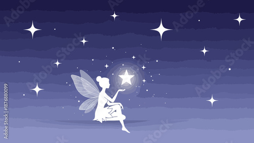 Fantasy Fairy With Wings Holding a Glowing Star In Night Sky