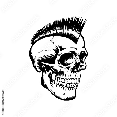 A detailed punk skull with spiked mohawk hair, cracked cranium, and clenched teeth is drawn in bold black and white tattoo style on a clean white background.