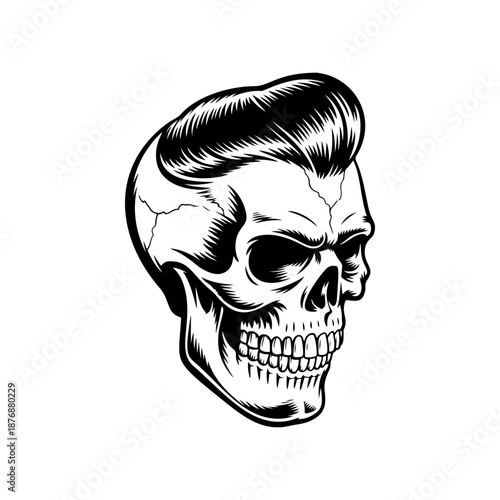 A detailed black and white hipster skull with slick pompadour hair, cracked bone texture, and wide grin is centered on a clean white background in tattoo style.