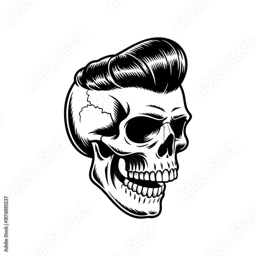 A detailed black and white hipster skull with slick pompadour hair, cracked bone texture, and wide grin is centered on a clean white background in tattoo style.