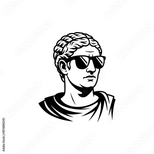 A classical Roman bust wearing modern sunglasses is drawn in bold black and white line art, blending ancient sculpture style with trendy contemporary flair.