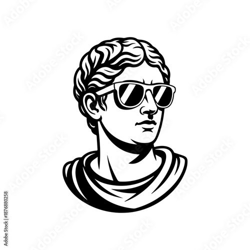 A classical Roman bust wearing modern sunglasses is drawn in bold black and white line art, blending ancient sculpture style with trendy contemporary flair.