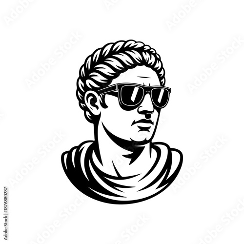 A classical Roman bust wearing modern sunglasses is drawn in bold black and white line art, blending ancient sculpture style with trendy contemporary flair.