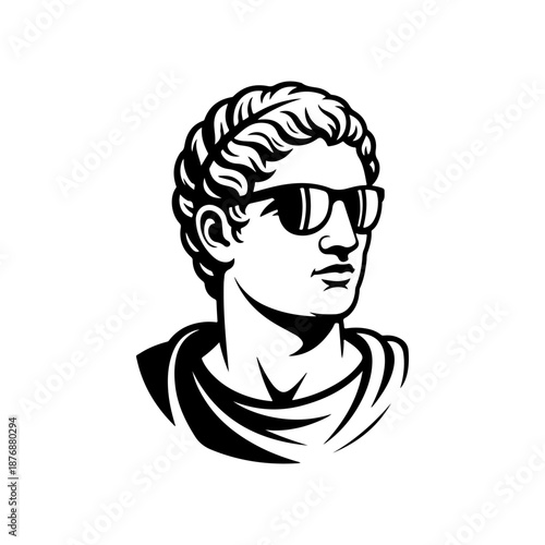 A classical Roman bust wearing modern sunglasses is drawn in bold black and white line art, blending ancient sculpture style with trendy contemporary flair.