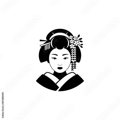 A stylized black geisha icon with elaborate bun hairstyle, floral hair ornaments, and traditional kimono collar is drawn in simple bold shapes on a white background.