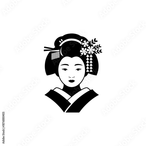 A stylized black geisha icon with elaborate bun hairstyle, floral hair ornaments, and traditional kimono collar is drawn in simple bold shapes on a white background.