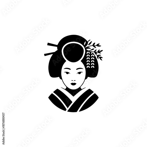 A stylized black geisha icon with elaborate bun hairstyle, floral hair ornaments, and traditional kimono collar is drawn in simple bold shapes on a white background.