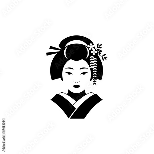 A stylized black geisha icon with elaborate bun hairstyle, floral hair ornaments, and traditional kimono collar is drawn in simple bold shapes on a white background.