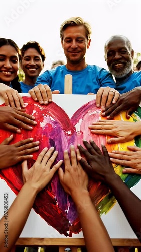 Diversity and Unity Heart Painting - A group of diverse people are shown from the chest up painting a large heart with hands using a rainbow of colors on a white canvas.