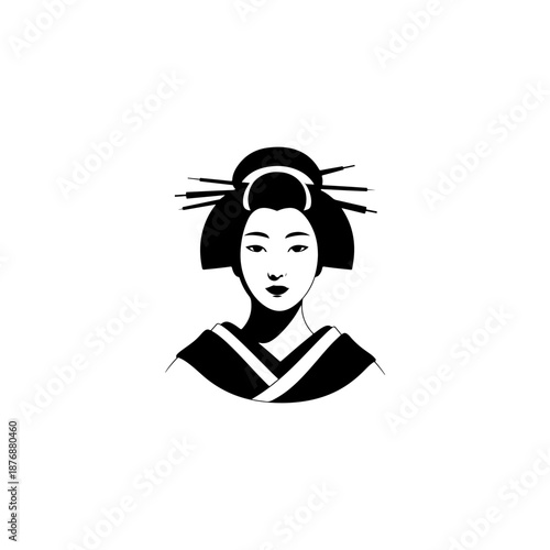A stylized black geisha icon with elaborate bun hairstyle, floral hair ornaments, and traditional kimono collar is drawn in simple bold shapes on a white background.